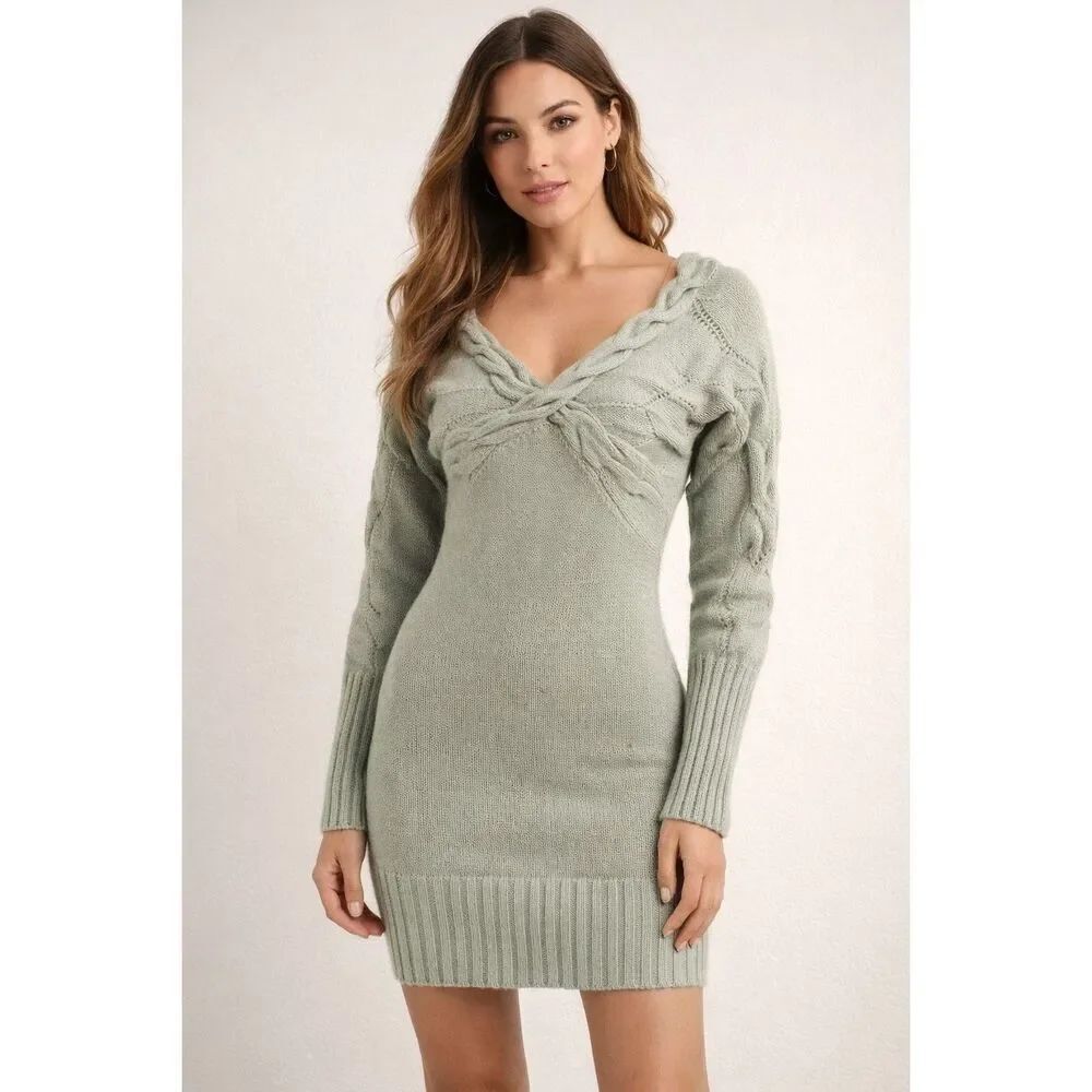 Arden B Cable Knit Sweater Dress XS Sage Green Bodycon Tunic